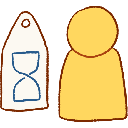 A drawing of a large white label tag next to a nondescript yellow person. The label is on the left and the person is on the right. The label has the OCD hourglass on it in blue.